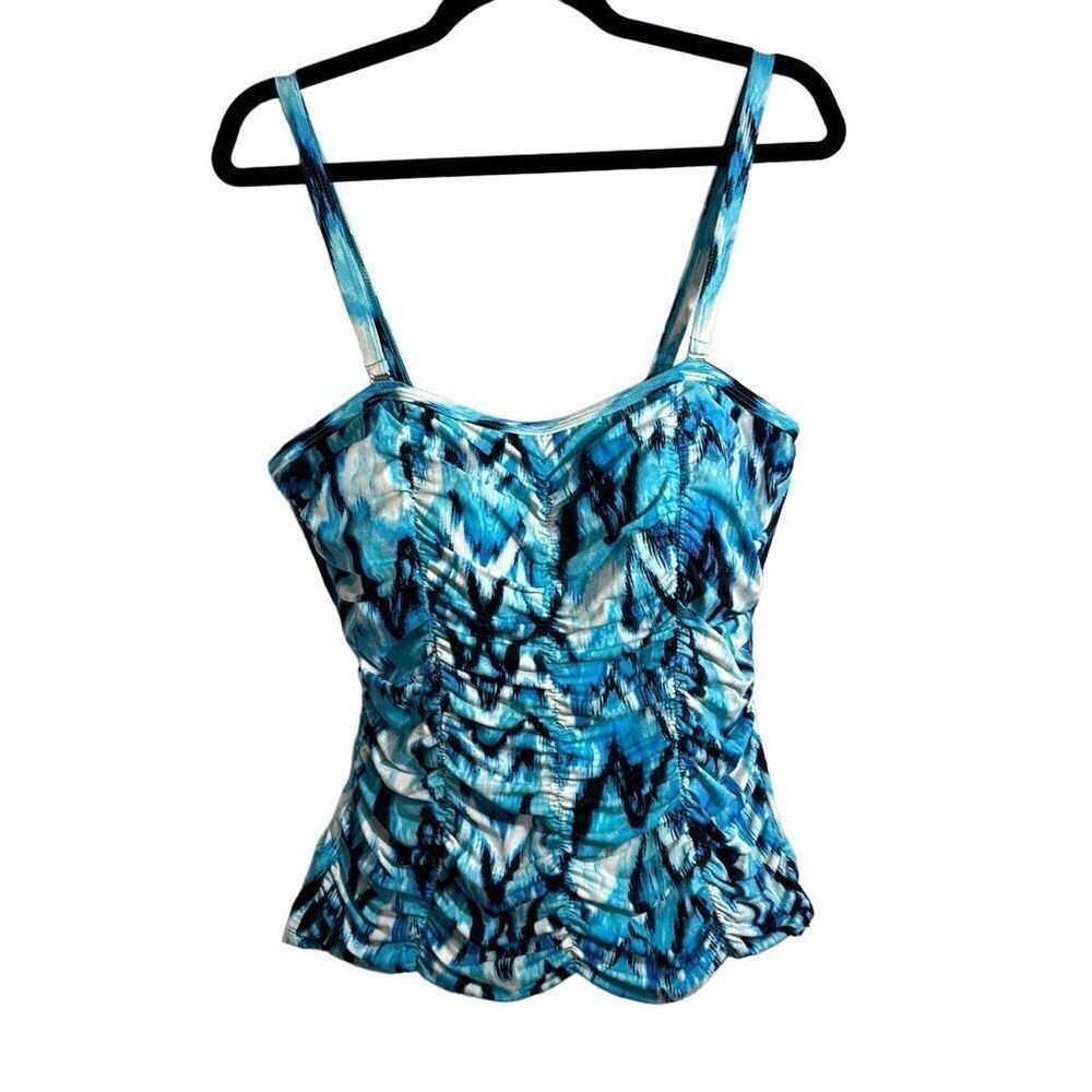 Jones New York flattering ruched swim top blue black white print 14